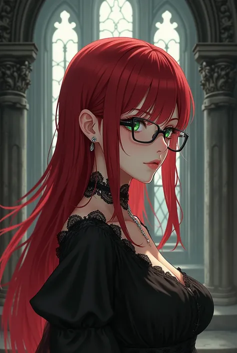 A gothic redhead anime girl with glasses