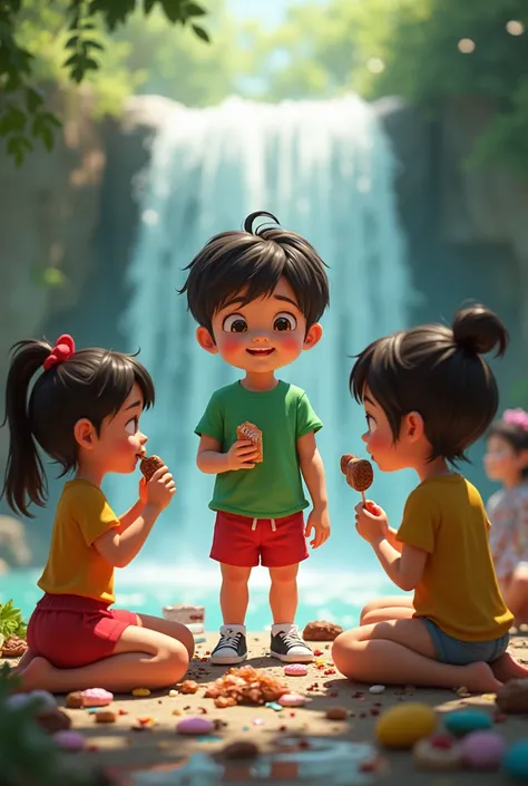 A catholic child called doum dressed in green and red surrounded by children eating lots of sweets sitting on the waterfall in real mode
