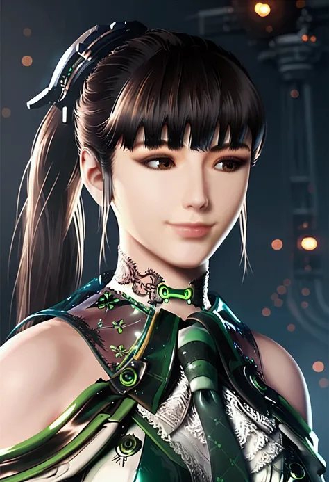 Eve Stellar Blade, long hair, ponytail, bangs, looking forward, smiling, Ultra quality, HD quality, masterpiece, realistic hair, unreal engine 5 style, futuristic landscape