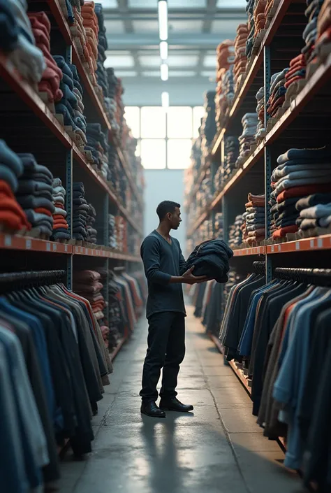 a person in a clothing warehouse, organizing, that it is seen that it is working