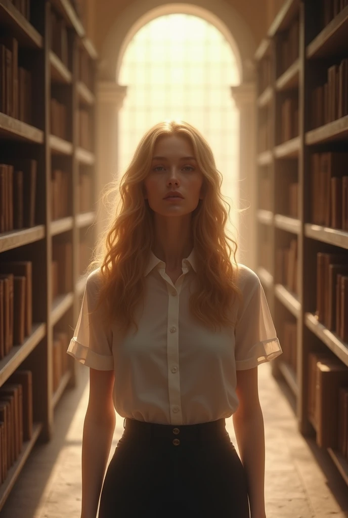 A blonde with very long, wavy hair wearing a white blouse that&#39;s all closed up, including her breasts, looking at a light at the end of the library hallway. 