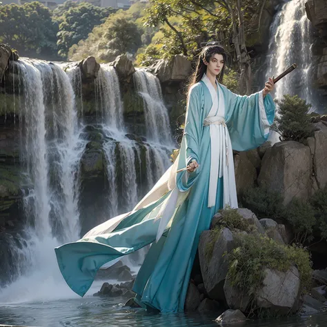 long flowing white hair ,blue kimono long  ,bright yellow eyes  ,fan in hand ,Hair is flying ,hair on end, green sky around clouds   ,high quality ,incomplete growth  ,male character tall ,asian face beautiful cute, Looks ,standing on a cliff , bamboo arou...