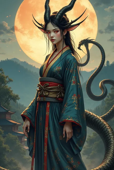 A beautiful yet very scary 2D female snake demon a literal demon similar to demon slayer anime artstyle from sengoku era japan in traditional dress. Full body image from both sides front and back as well.