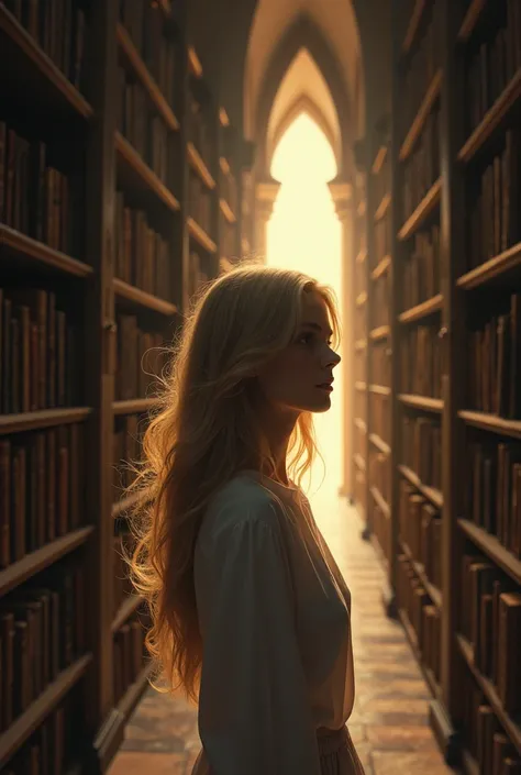 A blonde with very long, wavy hair wearing a white blouse that&#39;s all closed up, including her breasts, seeing a light at the end of the library hallway. 