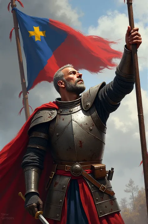 A medieval warrior with damaged armor and a red cape holding his spear with his right hand while with his left hand he pointed to the sky with the flag of Valtoria which is blue in the right, white in the middle and red on the left and has a diagonal strip...