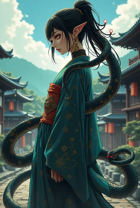 A beautiful yet very scary 2D anime artstyle female snake demon a literal demon similar to demon slayer anime artstyle from sengoku era japan in traditional dress. Full body image from both sides front and back as well.