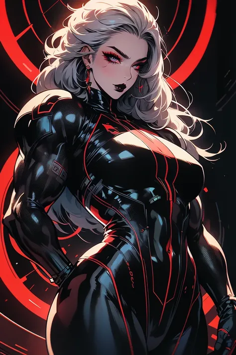 muscular woman, very short boyish white hair, ((pale)), red eyes, (detailed lips), dark eyes, black makeup, black eye liner, black lipstick, (detailed eyes) black bodysuit, flight suit, tubing and cables, curvy, hangar, sci-fi, futuristic, (best quality) d...