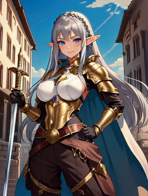 Best Quality, masterpiece, Ultra-high resolution, female、Big Breasts、Great style、Elf Ears、Dark brown tan skin、Warrior、Breastplate、Metal Pants、Hands on hips、Equipped with a one-handed sword on the waist belt、smile、Gray Hair