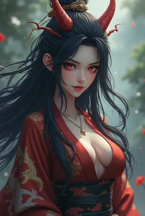 A beautiful yet very scary 2D anime artstyle female snake demon a literal demon from sengoku era japan in traditional dress. Full body image from both sides front and back as well. With designed scar on face.