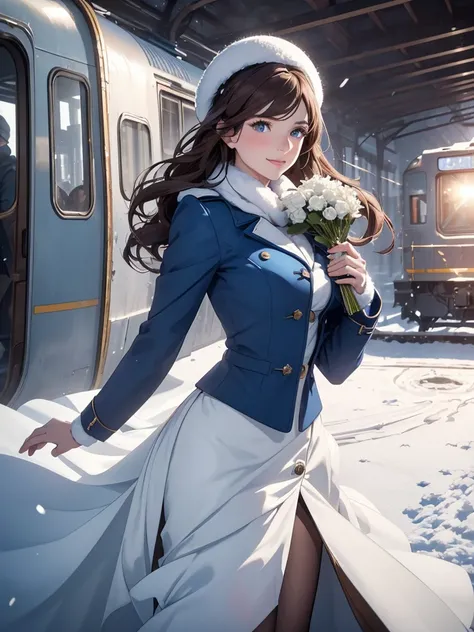 (8K, photo and gross, Best quality</input></xml>, maestro:1.2), (realistic, fotorrealistic:1.37), ultra detailed, 1 girl, beautiful, alone, Beautiful detailed winter landscape with snow and an old train, (blush), (full body: 1.1), (smile: 1.1), big breasts...