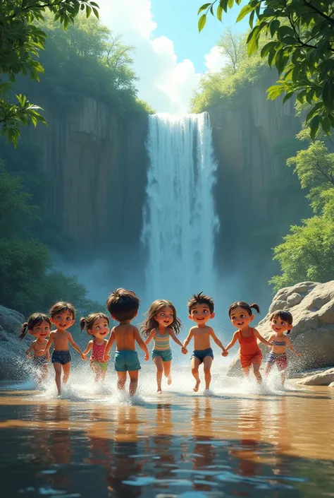 12 Children playing without sneakers and flip-flops in the waterfall in real mode
