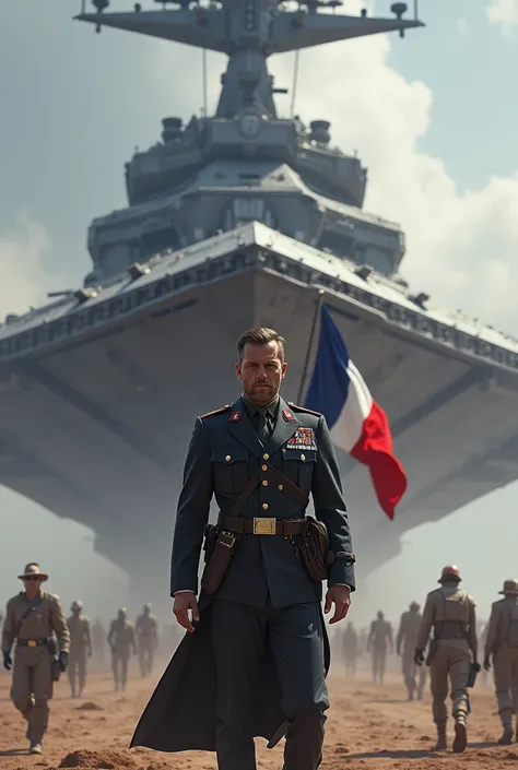 Soldier cline with a venator ship in the background with the French flag in the middle of which there is the symbol of the Empire 