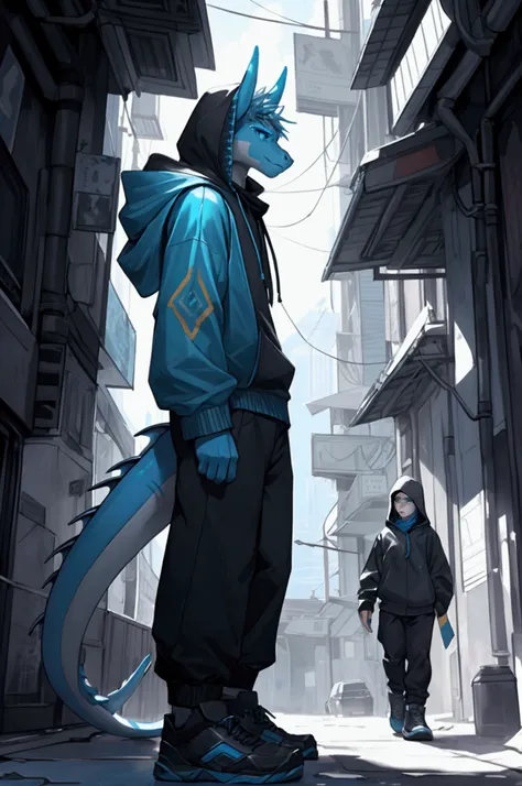 a blue dragon, wearing light blue a hooded sweatshirt,wearing a pale blue scarf, extremely detailed, high quality, intricate details, photorealistic, cinematic lighting, dramatic shadows, glowing blue eyes, natural setting,wear black shoes,clear picture,we...