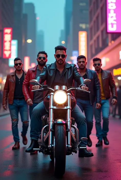 Gay on a motorcycle with several men

