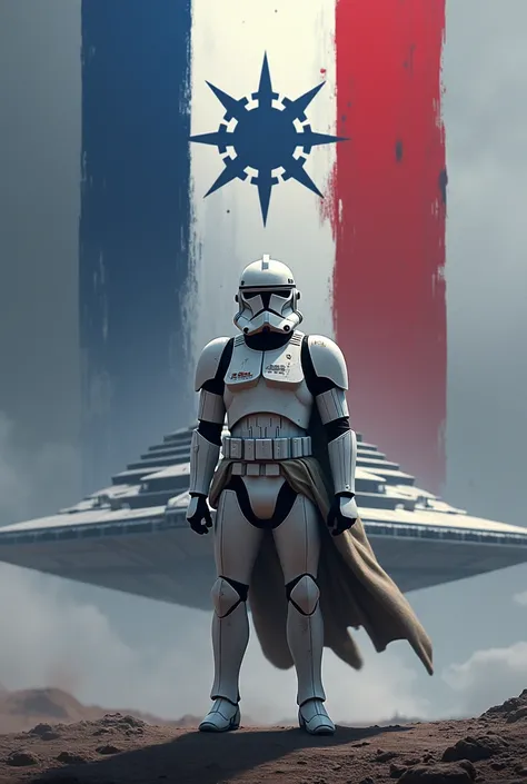 Clone trooper with a Venator ship in the background with the French flag in the middle of which there is the symbol of the Empire 