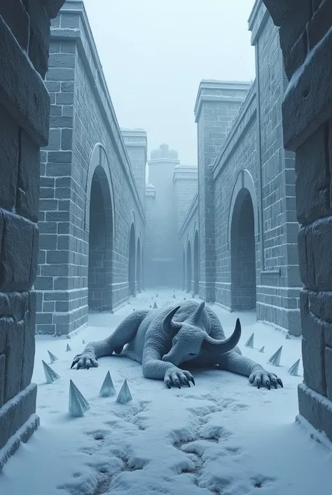 first person perspective, frozen stone maze with snowy weather, dead ice minotaur on the ground with ice spikes around it 