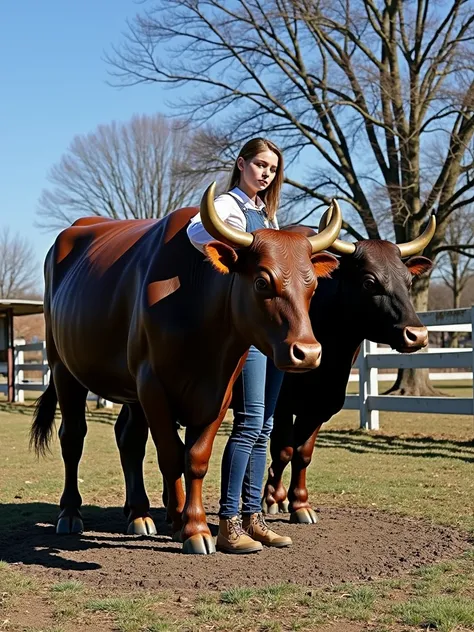 A breeding bull is about to climb onto the realistic cow to mate. A teenage girl hides inside a lifelike artificial cow for mating. A breeding bull just wants to jump on her and mate hard with her. A cow on a breeding farm.
