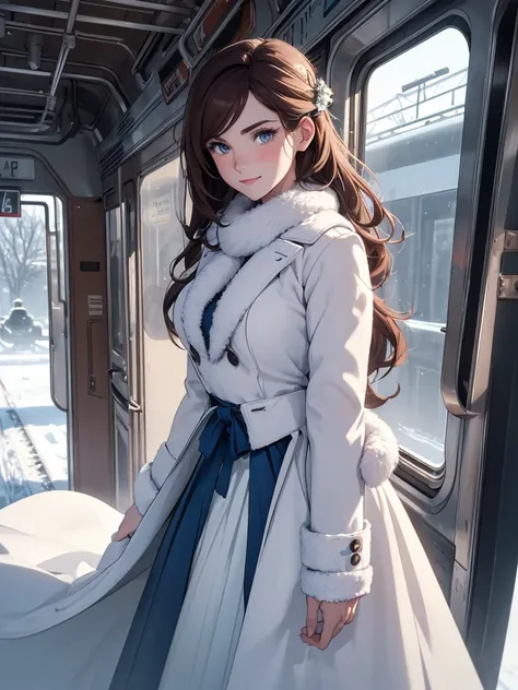 (8K, photo and gross, Best quality</input></xml>, maestro:1.2), (realistic, fotorrealistic:1.37), ultra detailed, 1 girl, beautiful, alone, Beautiful detailed winter landscape with snow and an old train, (blush), (full body: 1.1), (smile: 1.1), big breasts...