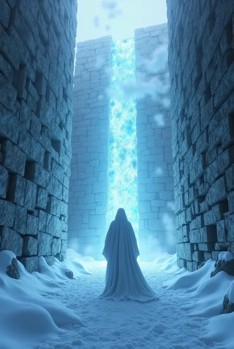 first person perspective, frozen stone maze with snowy weather, Magic portal of ice