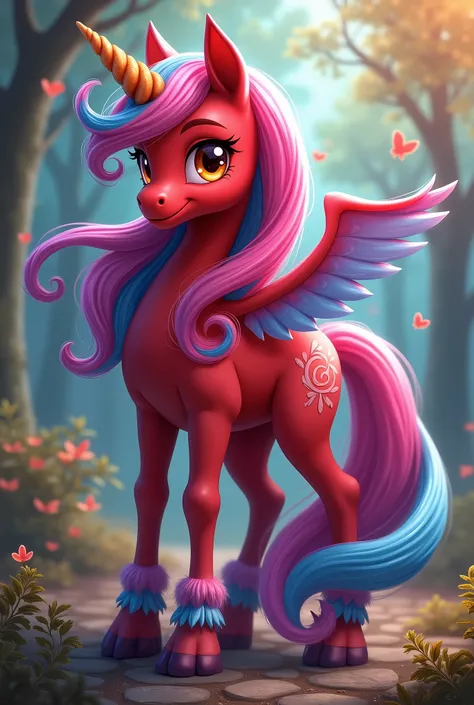 Red filly with pink and blue mane, red and blue tail, medium horn, medium wings, orange eyes 