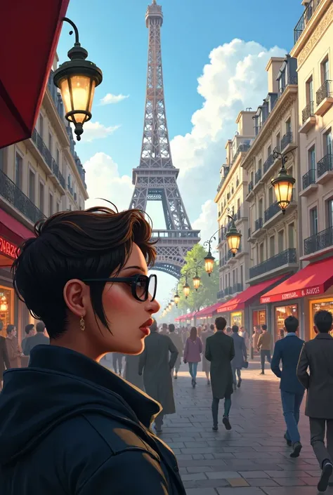 Remove glass, remove glasses, looking at camera without glasses, no glasses, remove oculus, make this character in paris, away from camera, people around, movimented street, eiffel tower