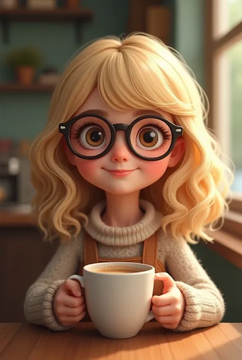 Short girl with blonde medium hair, glasses, brown eyes and chubby