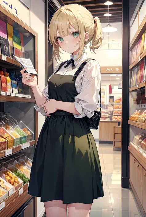 An anime girl with short blond hair in a ponytail and almond green eyes is standing in a clothing store dressed  in shopدقة عالية, علم التشريح صحيح, أفضل جودة, عمل رائع, من الأسفل, 