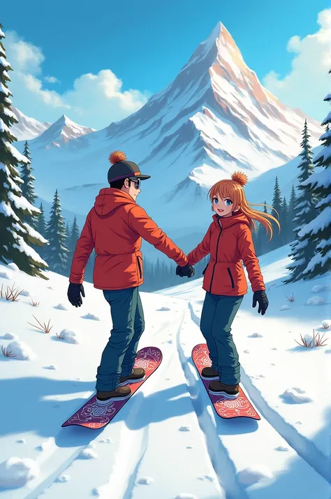 A couple holding hands while snowboarding on a snowy mountain, anine style