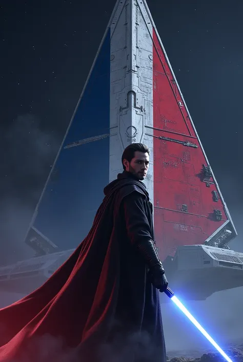 Jedi with a Venator ship in the background with the French flag in the middle of which there is the Jedi symbol