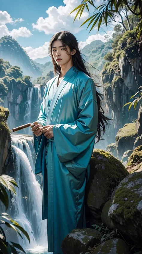 Chinese guy ,long flowing white hair ,blue kimono long  ,bright yellow eyes  ,fan in hand ,Hair is flying ,hair on end, green sky around clouds   ,high quality ,incomplete growth  ,male character tall ,asian face beautiful cute, Looks ,standing on a cliff ...