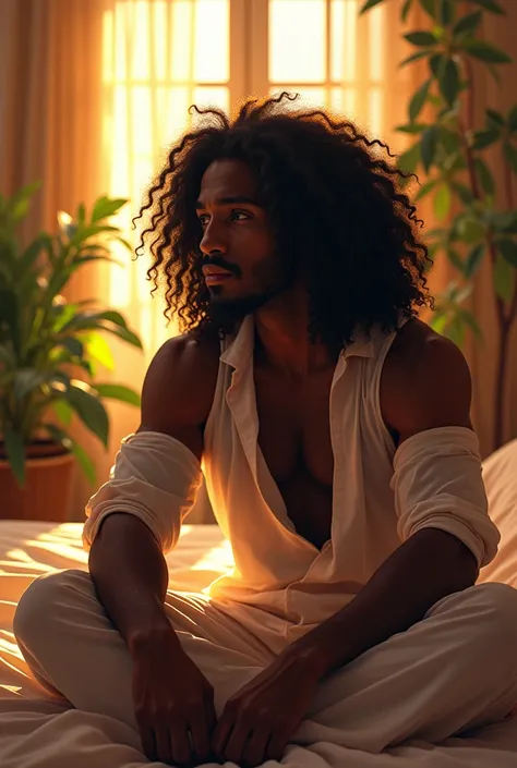 (photorealism:1.2), vibrant black man, sitting on bed, wearing loose off-shoulder top, pajama pants, long curly hair, indoors, soft lighting, plants in background, window with sunlight, cozy room, relaxed pose, realistic, intricate details, warm colors, by...