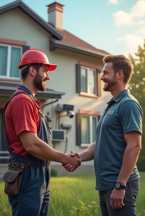 CUSTOMER SHAKING HAND WITH A TECHNICAL INSTALLER, IN THE BACKGROUND A HOUSE WITH ALARMS AND SECURITY CAMERAS
