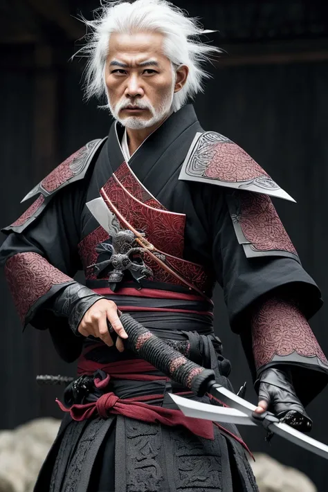 2 white haired samurai with a black bladed katana