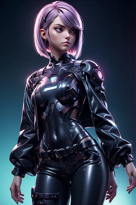 close ups, a female samurai with a cyborg half-body、cyber punk、estimated age25 year、bodysuits that fit the body、skinny、skinny pa...