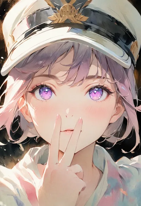 (masterpiece, best quality:1.4), 1 girl, Alone, watercolor(medium), Anime style, Purple pupils, Blurred eyes, Victory sign, Wearing a white peaked cap, Different color emission, Highlights, Natural Light, Works by top portrait painters, Upper Body, Black b...