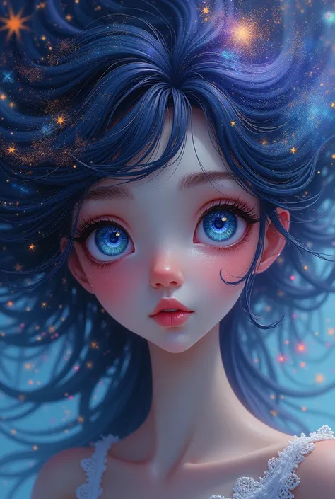 A girl with a beautiful face, hair that blows in the breeze, hair Relatively large eyes Inside the eyes of galaxies and stars, the universe can be seen Nasims colorful hair b It shakes the hair, Hatsune Miku,