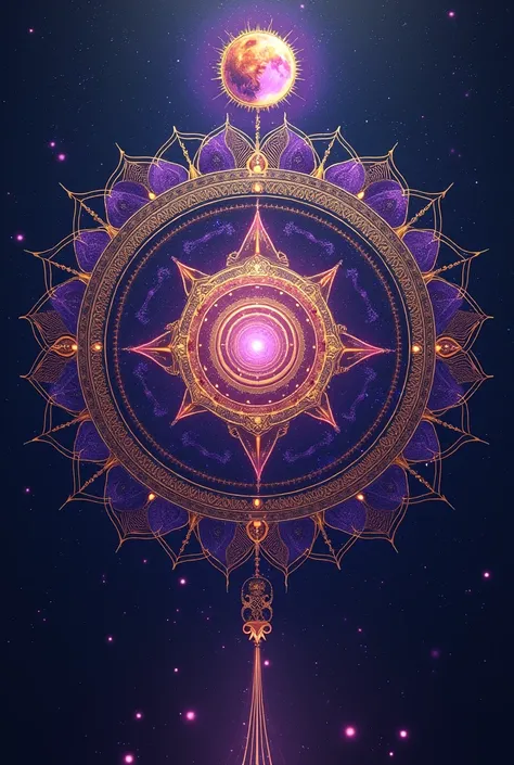 Large Indian Mandala,  with shades of purple,Golden Stars, mysticism, eclipsed, sun and moon together, mystical good, hypnotic , <xml><input>realistic</input></xml>, its dark blue with stars, polarity scale