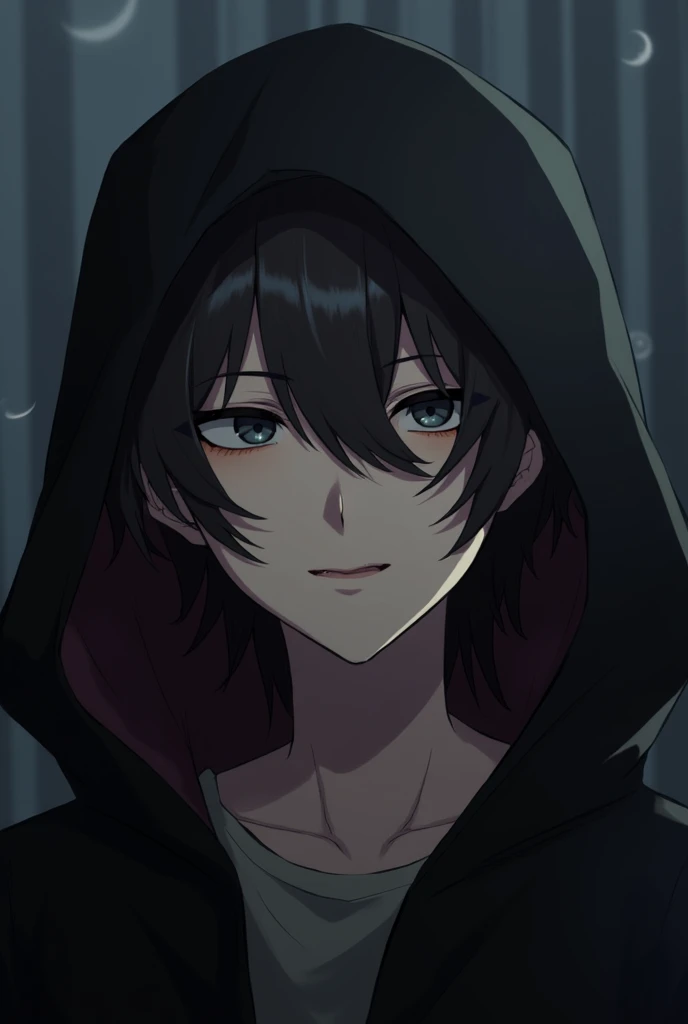 Nekoba Konoe, , black hood, human, young man, mole on left eye, good-looking, hair parted on right