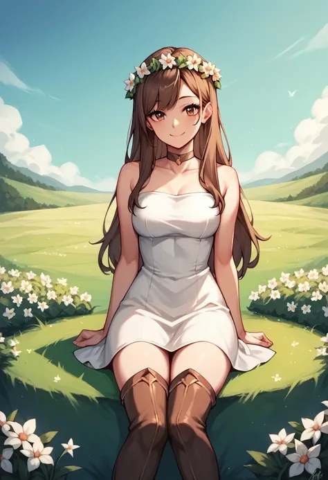 score_9, score_8_up, score_7_up, score_6_up, score_5_up, score_4_up, source_anime, 1woman,lora:amber1-000008:1>, amber5star, upper body, smile, sit, brown hair, a wreath of flowers, long hair, brown eyes, white dress, thigh high boots, thin legs, looking a...