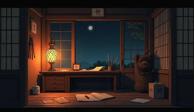 Create a lo-fi style, up-close room for a samurai at night. The view should focus on a small wooden desk with intricate details, illuminated by the soft, warm glow of a traditional Japanese lantern. On the desk, include a few scattered papers, a pencil, an...