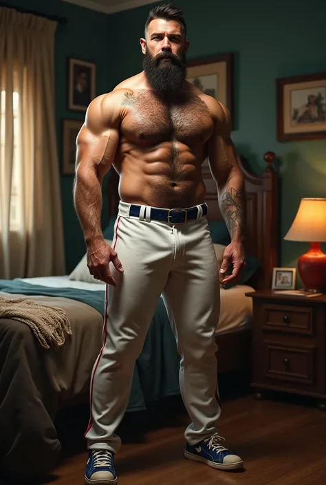 Bedroom, Male, daddy, baseball player, muscular, hairy, beefy, bearded, full body, detailed, big baseball pants bulge, sweaty, hairy chest, hairy arms, hairy belly, very thigh pants,