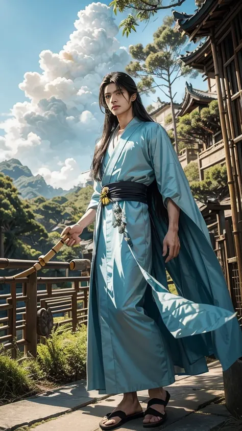 long flowing white hair ,blue kimono long  ,bright yellow eyes  ,fan in hand ,Hair is flying ,hair on end, green sky around clouds   ,high quality ,incomplete growth  ,male character tall ,asian face , beautiful facial features ,standing on a cliff , bambo...