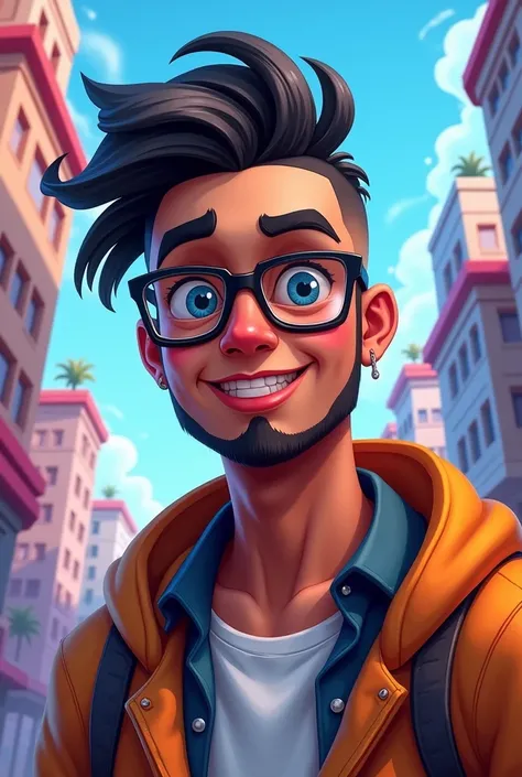 a picture for a fortnite twitch profile, where the owner wears glasses and has short hair, he uses a 3 machine on his hair and a high dread on the side at zero, cartoon style, more masculine 