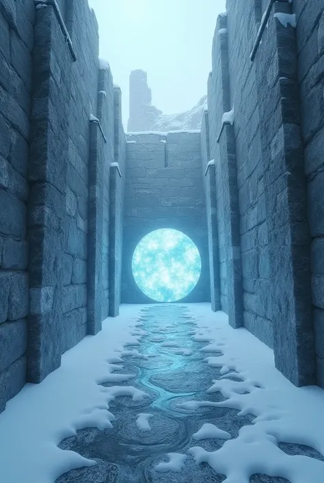 first person perspective, frozen stone maze with snowy weather, Magical round portal of gelo