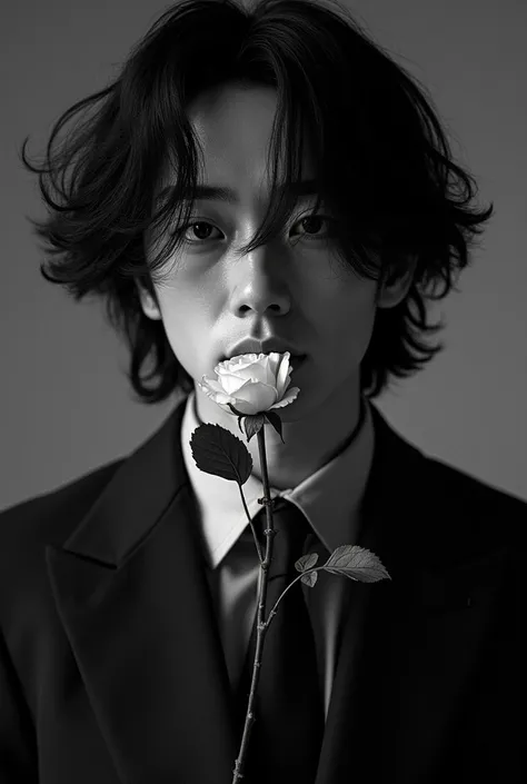 do a black and white picture of dazai in suit with rose in mouth