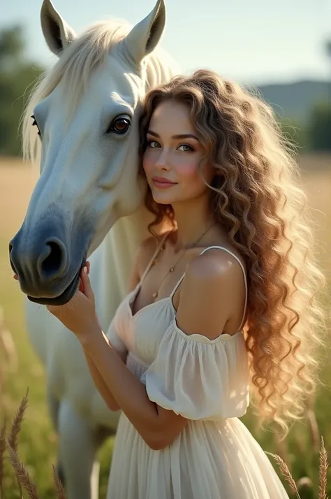 Woman with long curly hair with back and with her white horse 