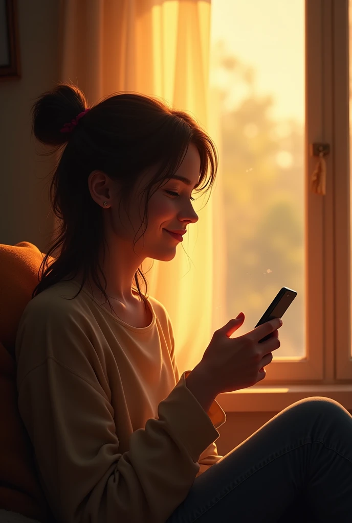 A person sitting by a window with warm sunlight streaming through. They hold a phone in their hand, smiling softly while texting or talking to someone they deeply care about. Their expression reflects both happiness and a quiet sense of longing, as if the ...