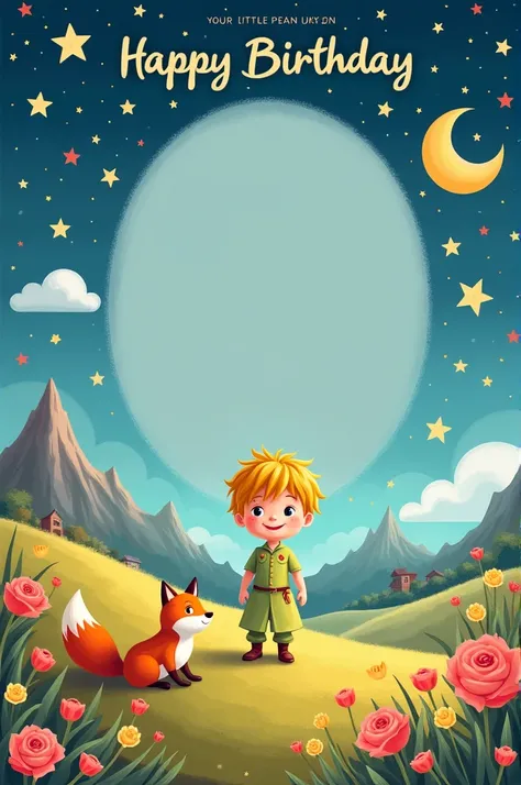 Create a birthday invitation that says "lunch at grandma&#39;s house come celebrate my fifth birthday " with background of the little prince in cartoon
