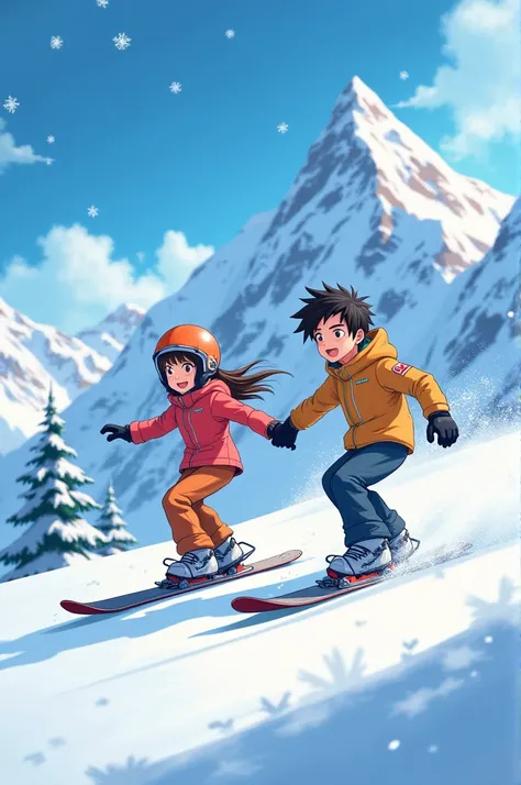 Couple holding hands snowboarding on a snowy mountain in anime style 