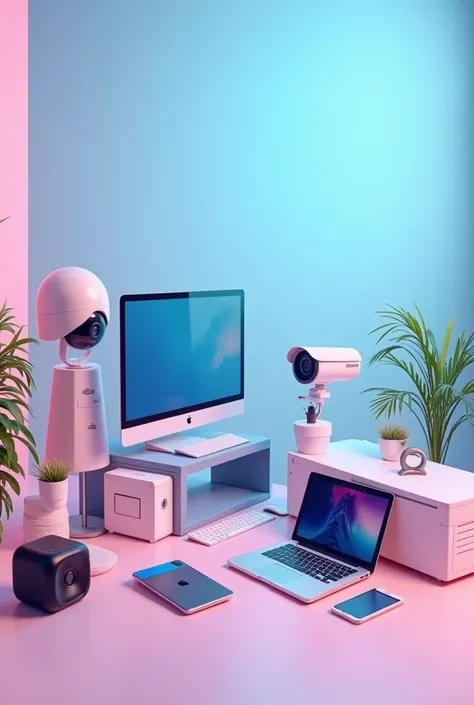 computers, laptop, printers, tintas de printers, accessories, surveillance cameras, Mouse, keyboards, etc with a light blue and pink background for sale, for my cover